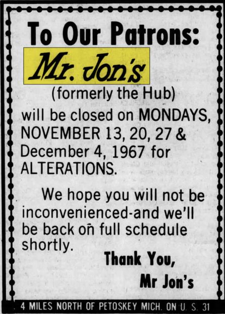 Mr. Jons (Hubs, Jonathans Landing, Just Between Friends, Shenanigans) - Nov 1967 Ad (newer photo)